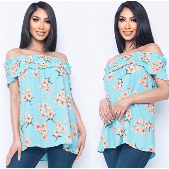 Blossom Boutique Tops - 2 LEFT! Aqua Peach Floral Off Shoulder Flowy Cute Summer Spring Top